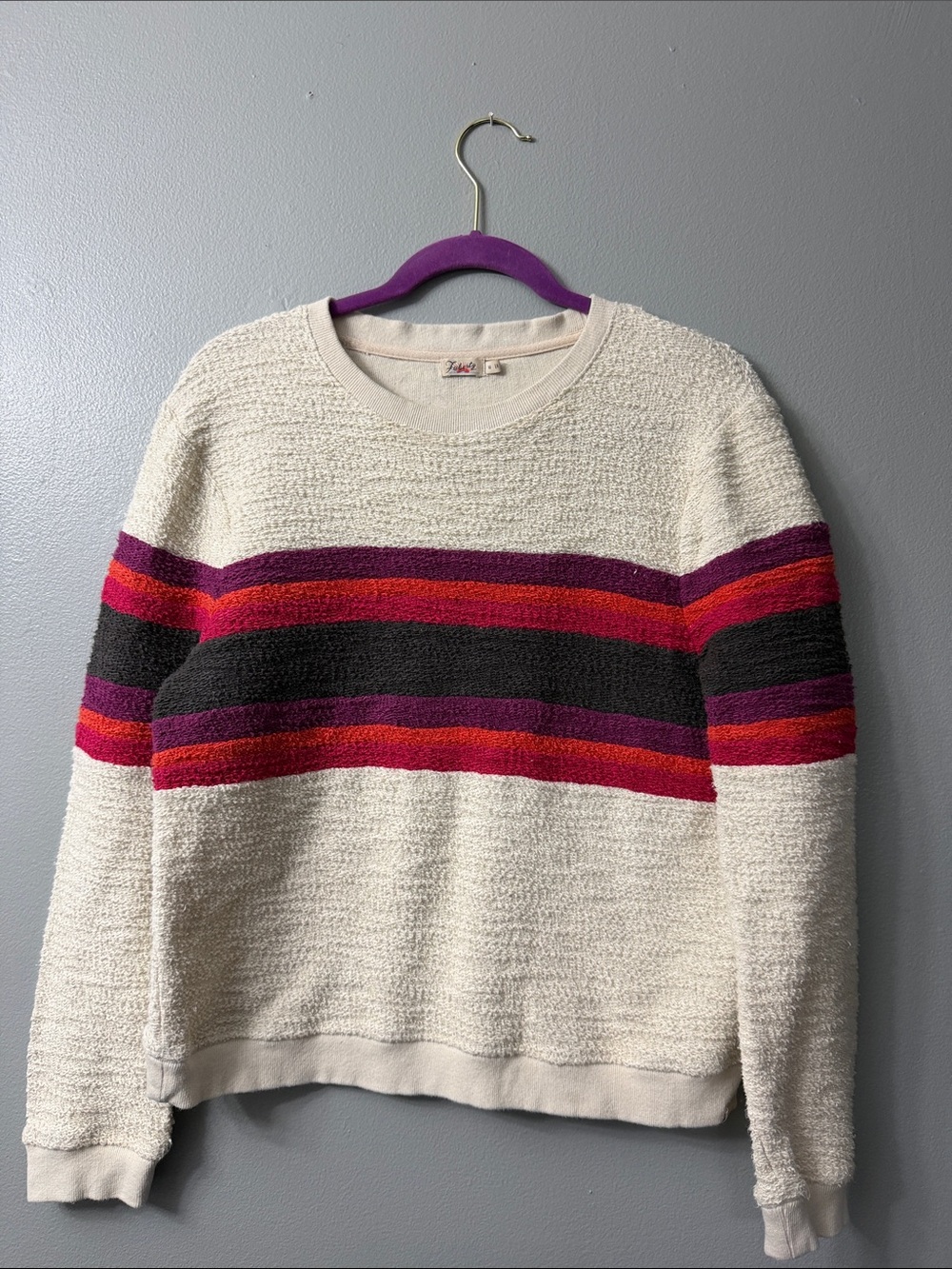 Faherty Cream Crewneck Sweater with Purple, Red and Pink Stripes